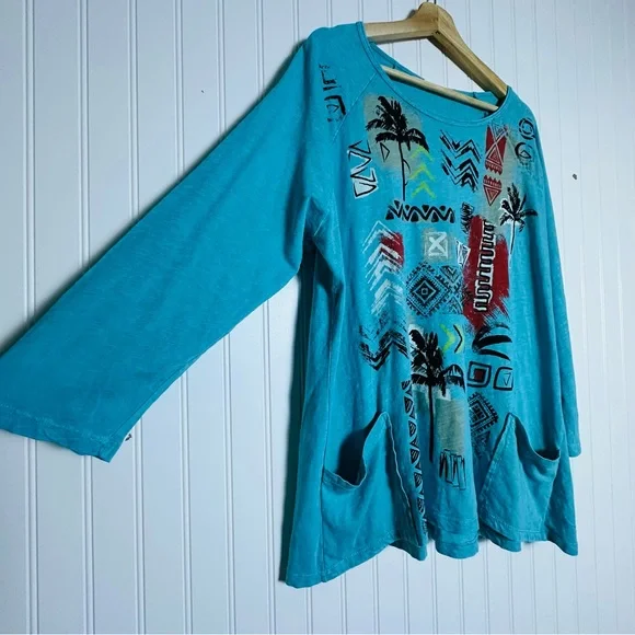Jess & Jane Women's Blue Graphic Top Tunic Side Pockets Size XL Relax Fit Casual - Picture 6 of 9